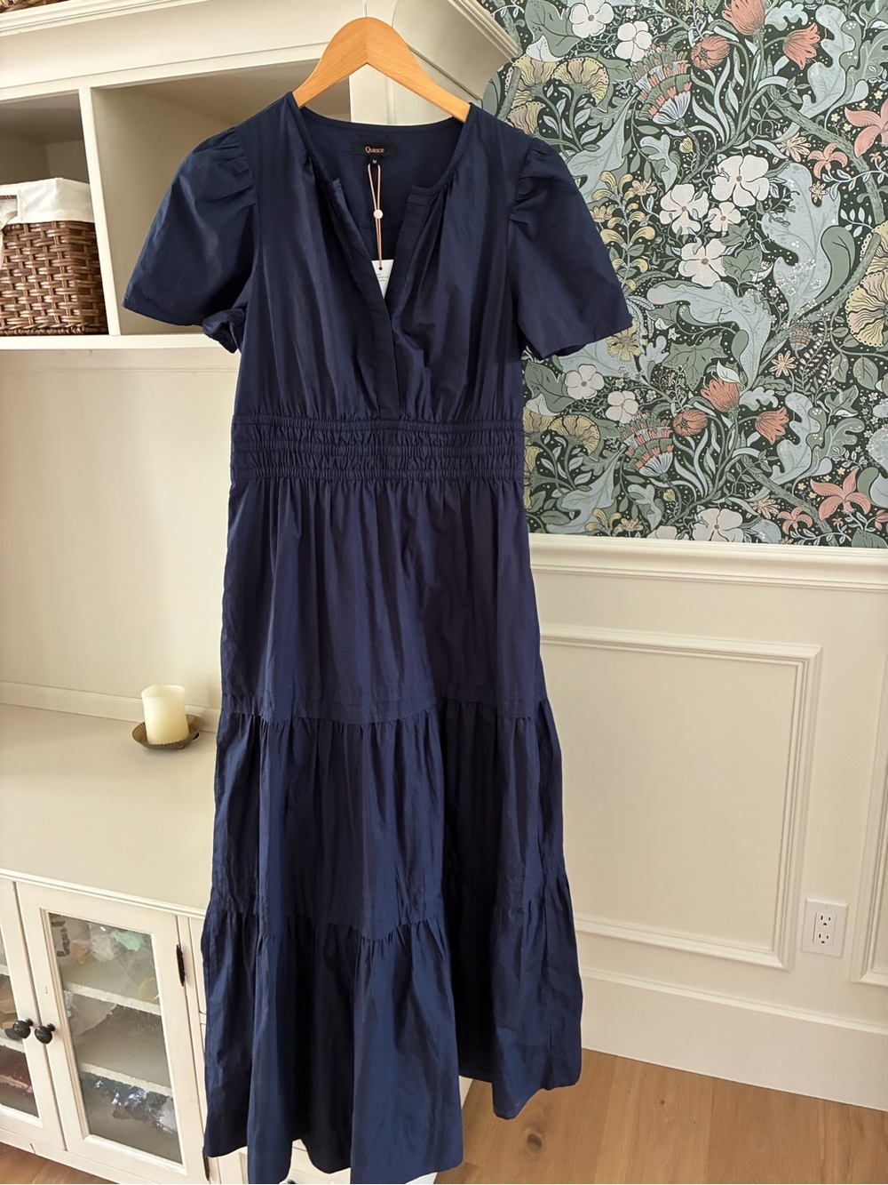 NWT Quince Organic Cotton Navy Smocked-Tier Maxi Dress-size M - Picture 3 of 9